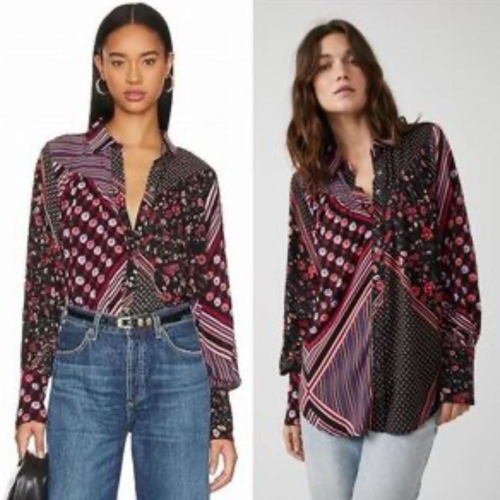 Free People Hazel Black and Red Patterned Button Down Shirt